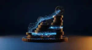 saas-growth-strategy-hero - SaasCEO.com - SaasCEO.com Stacks of coins with glowing blue circuitry forming a rising tower, symbolizing digital finance and blockchain growth in a dark setting.