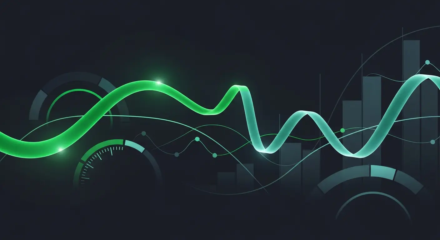 saas-kpis-hero-1 - SaasCEO.com SaaS retention compounding — Two flowing ribbons curling across a deep dark navy field as a metaphor for compounding divergence