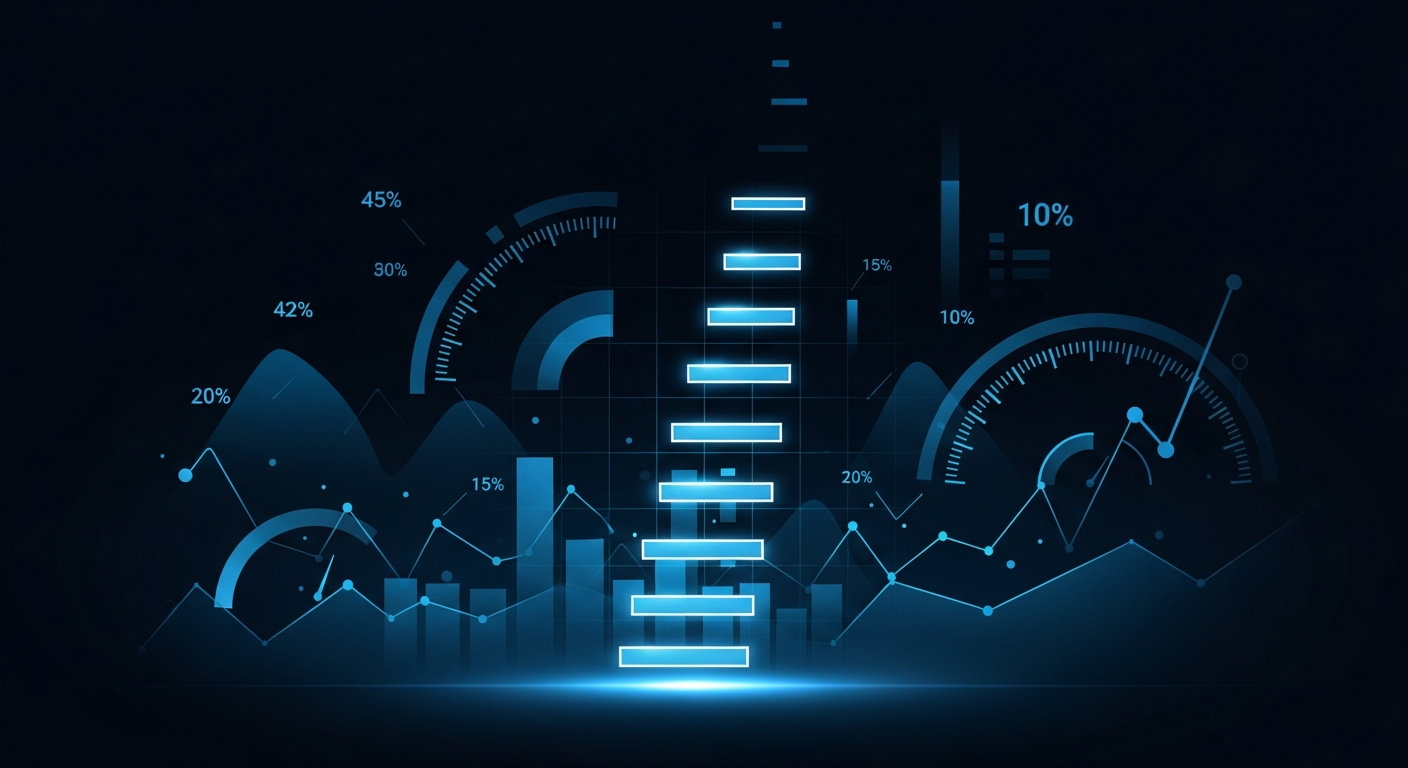 saas-kpis-hero-2 - SaasCEO.com SaaS KPI action priority — Vertical ladder of glowing translucent horizontal rungs ascending into darker space