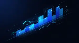 Futuristic blue data dashboard with stacked bar charts and line graphs in a holographic display.