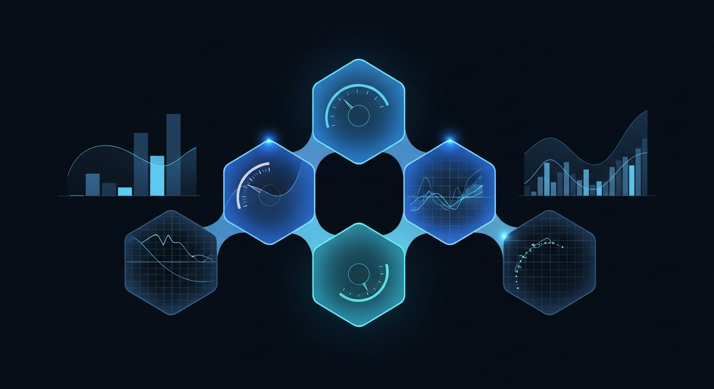saas-kpis-hero - SaasCEO.com SaaS KPI categories — Six interconnected translucent geometric shapes arranged in a hexagonal pattern