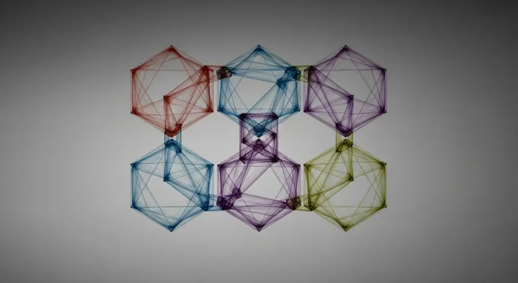 saas-kpis-supp-25341-replace - SaasCEO.com SaaS KPI categories — Six interconnected translucent geometric shapes arranged in a hexagonal pattern