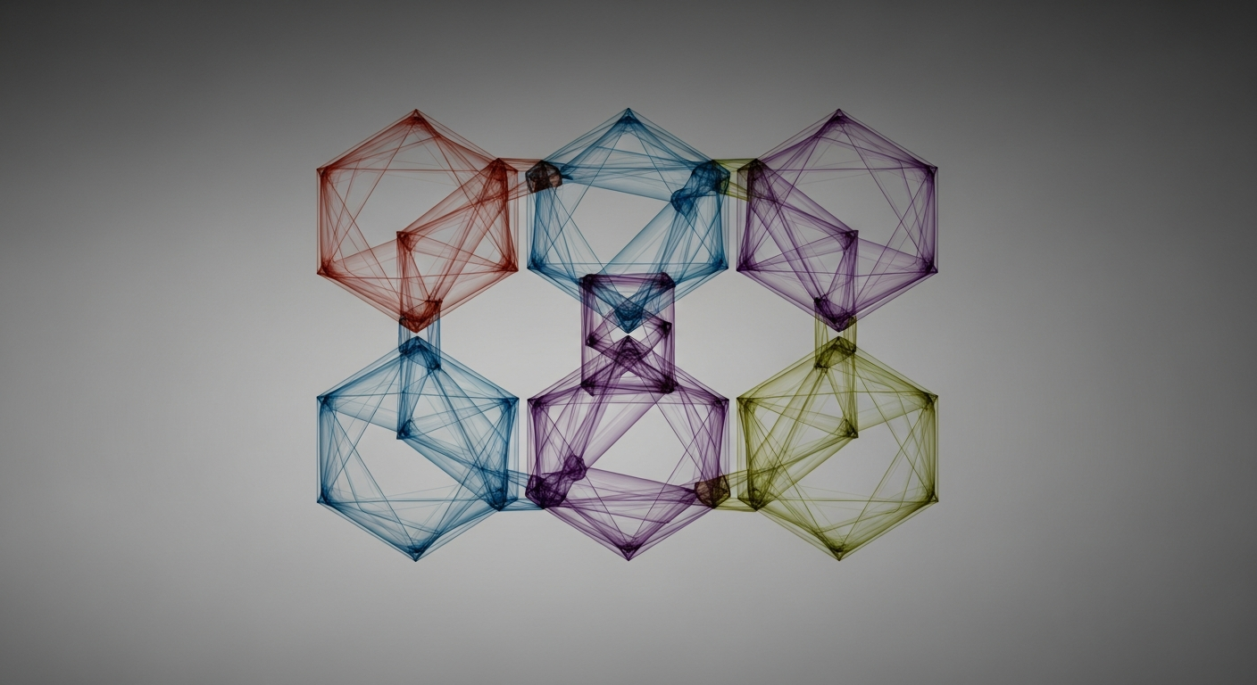 saas-kpis-supp-25341-replace - SaasCEO.com SaaS KPI categories — Six interconnected translucent geometric shapes arranged in a hexagonal pattern