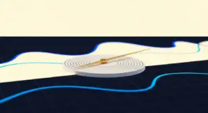 A white, circular metronome top with a gold pendulum arm on a dark grid surface with wavy pale bands and blue lines in the background, suggesting rhythm timing.