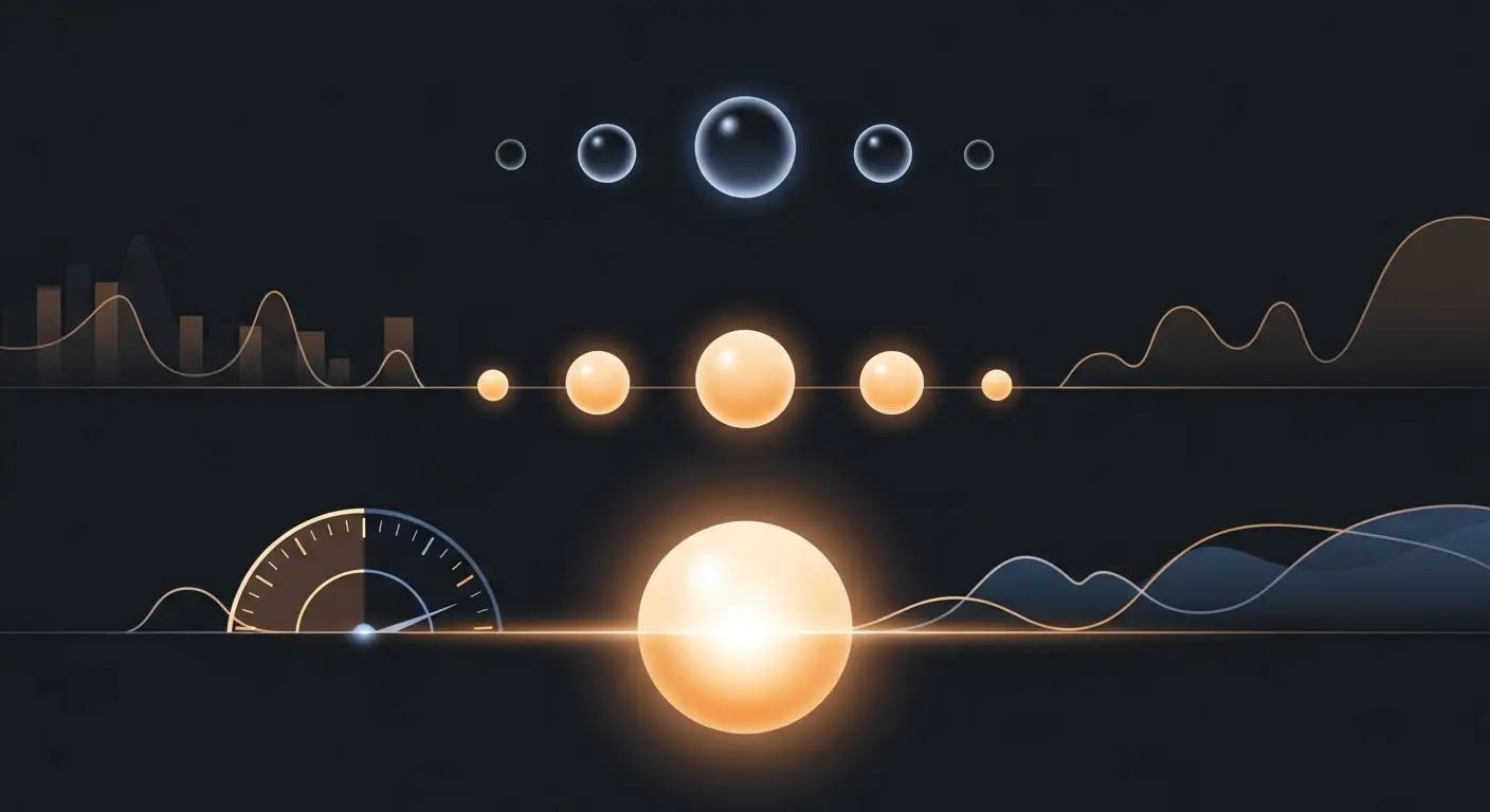 saas-marketing-metrics-hero-2 - SaasCEO.com The SaaS Marketing Metrics That Predict Revenue — Three groups of smooth glowing orbs of different sizes arran