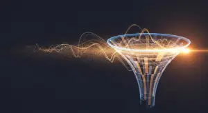 saas-marketing-metrics-hero - SaasCEO.com - SaasCEO.com Glowing futuristic funnel with orange light streams flowing into its wide top, symbolizing data filtering.