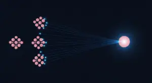 saas-metrics-new-hero-1 - SaasCEO.com - SaasCEO.com Abstract network diagram showing multiple pink hexagon clusters sending blue lines to a central pink sphere on a dark background.