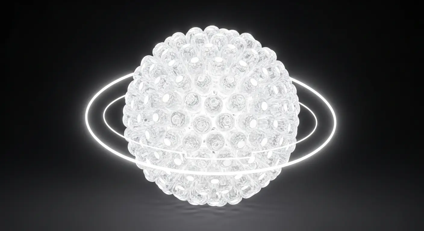 saas-metrics-retention - SaasCEO.com Abstract visualization of customer retention — a dense, stable core of luminous units held together within a glowing protective ring, the cheapest and most durable recurring revenue