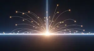 Bright central light on a dark horizon with radiant arcs of glowing lines and specks extending outward.
