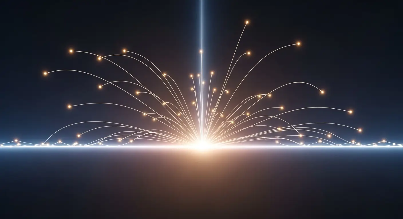 saas-metrics-supp-27089-replace - SaasCEO.com SaaS metrics that drive valuation — A purely abstract editorial illustration filling the whole frame: many small glowing nodes connected by soft curving lines converging into one bright steady core, suggesting many measures resolving into a clear signal, soft graphite and blue tones with a warm accent, centered full-bleed composition, no text