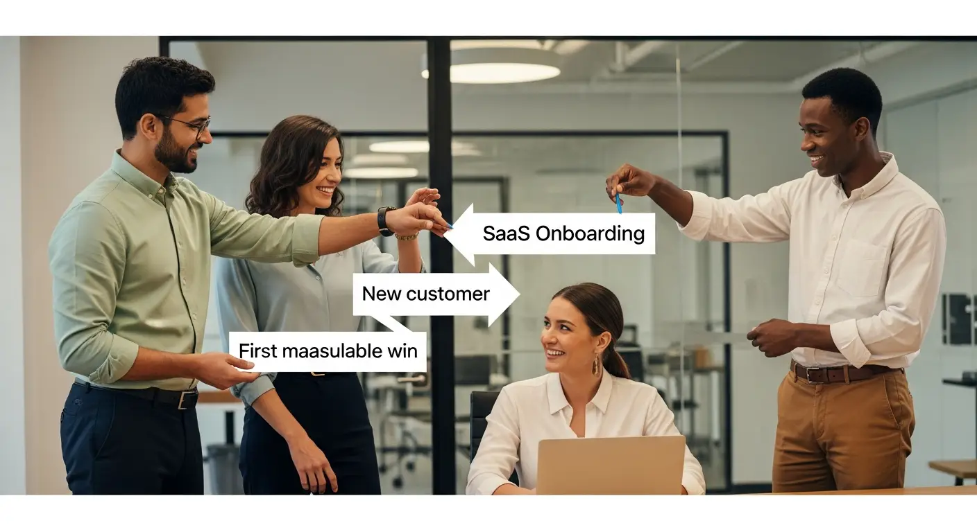 saas-onboarding-hero-1 - SaasCEO.com What Is SaaS Onboarding? — Three distinct professionals, each embodying a critical phas