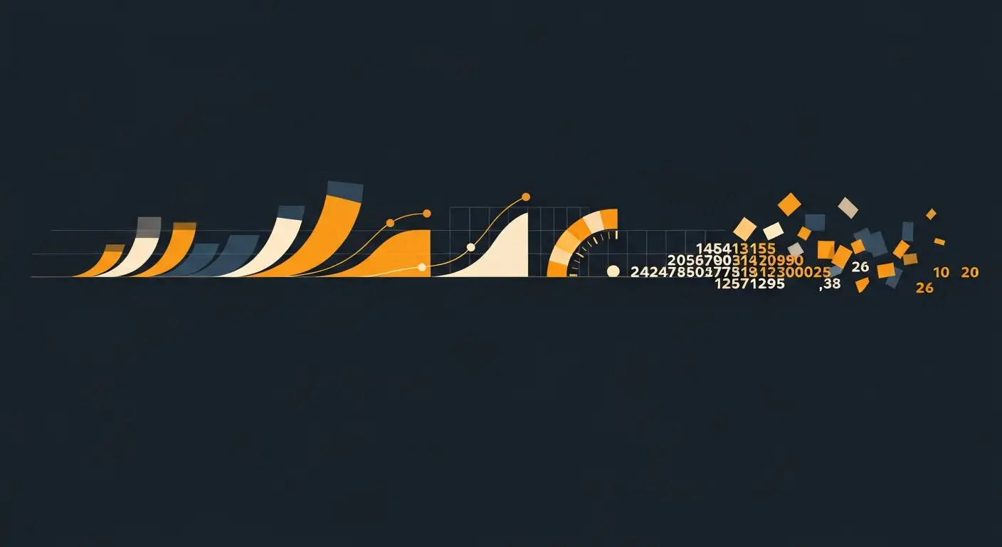 saas-onboarding-hero-5 - SaasCEO.com What Broken SaaS Onboarding Actually Costs — An abstract data stream, represented by a progression of geometric segments, where the concluding segments are visibly fractured and scattering into a field of numerical values, depicted in a stark slate and saffron palette