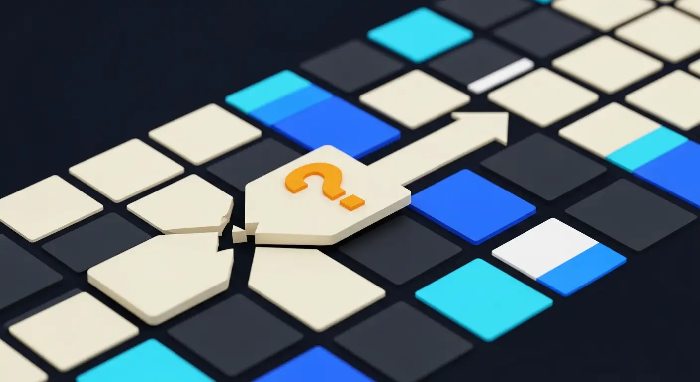 saas-onboarding-hero-6 - SaasCEO.com The One Question That Cuts Onboarding Churn — A structured array of onboarding journey tiles, where one prominent tile featuring a bold question mark visually intercepts and redirects a broken path of smaller, generic tiles into a complete, cohesive flow, rendered in a cream and ink palette with a saffron accent on the question mark