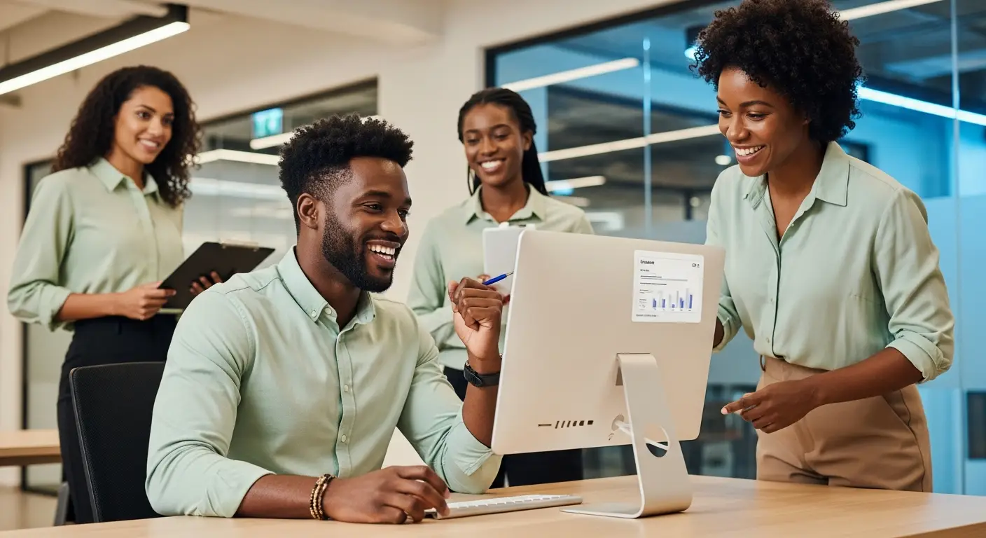 saas-onboarding-hero-7 - SaasCEO.com SaaS Onboarding FAQ — A user, beaming with accomplishment, successfully completes