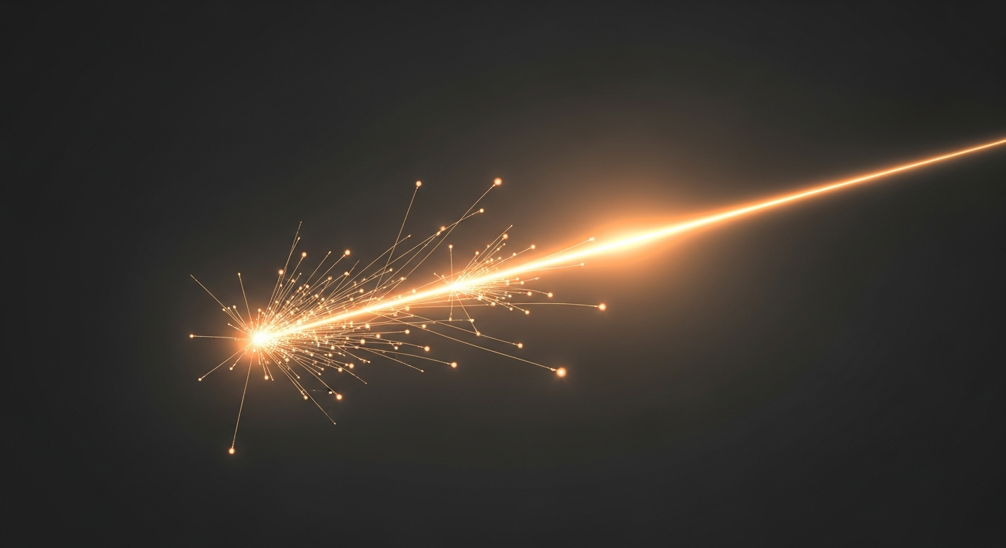 saas-onboarding-supp-26433-replace - SaasCEO.com SaaS onboarding as an early-stage revenue lever — A purely abstract editorial illustration: a cluster of fragile glowing streams branching early from a single source, some fading to dim embers while one widens into a bright confident channel, monochrome graphite background with warm saffron light, no text