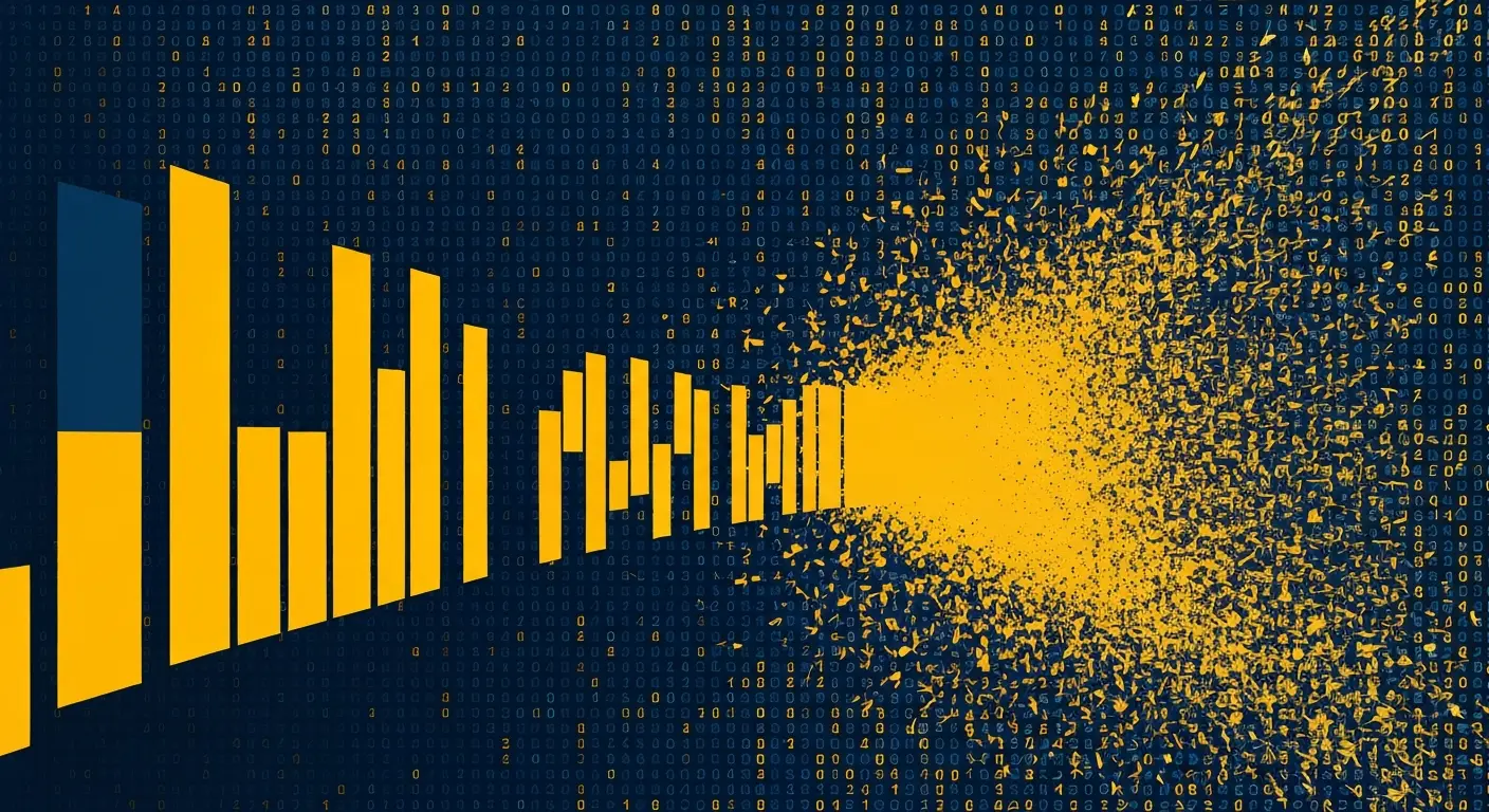 saas-onboarding-supp-26436-replace-1 - SaasCEO.com What Broken SaaS Onboarding Actually Costs — An abstract data stream, represented by a progression of geometric segments, where the concluding segments are visibly fractured and scattering into a field of numerical values, depicted in a stark slate and saffron palette