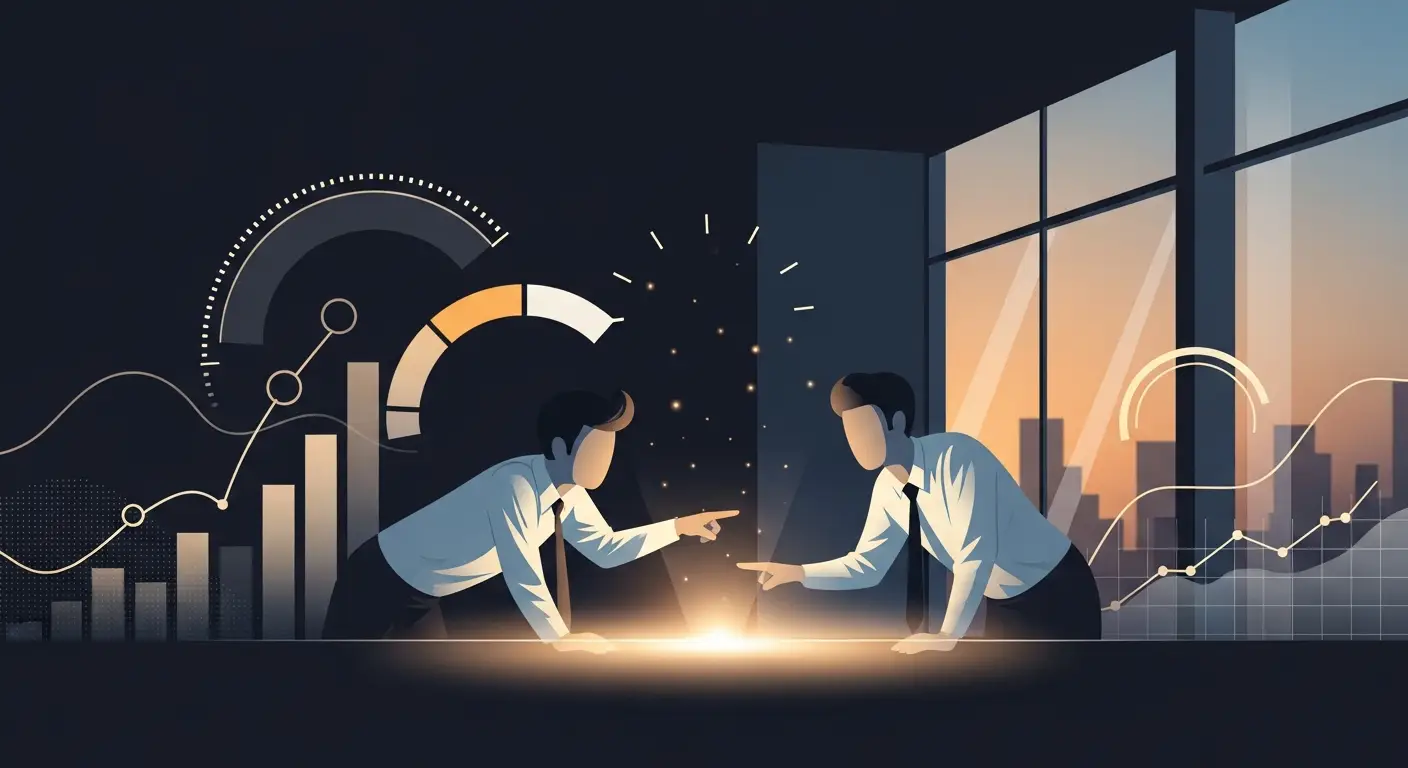 saas-performance-metrics-hero-1 - SaasCEO.com A SaaS CEO and CFO converging on a single performance signal during an operating review, with the visual emphasizing alignment around one chosen focus — Two professionals leaning over a softly glowing translucent