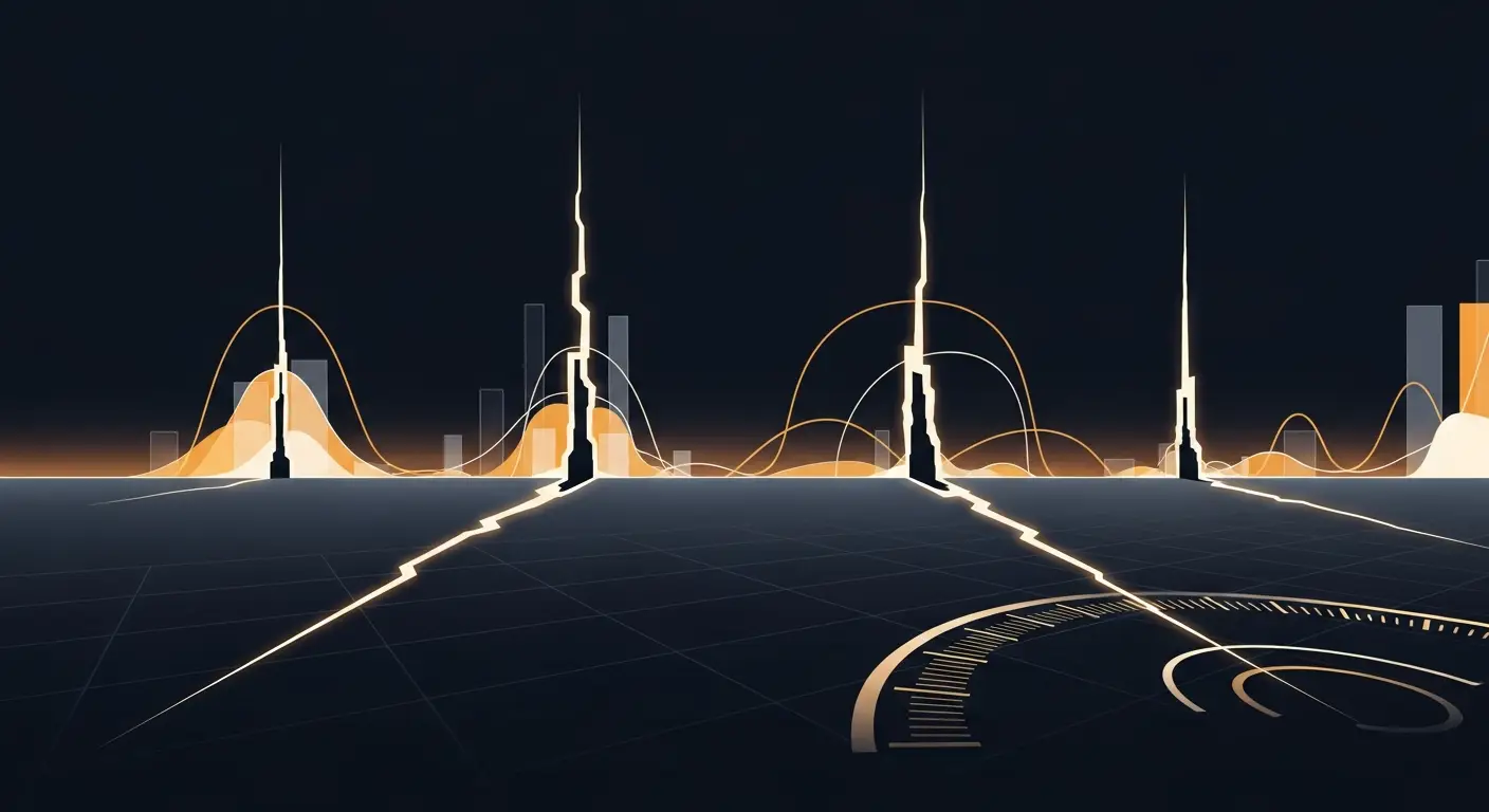 saas-performance-metrics-hero-2 - SaasCEO.com The four common SaaS metrics that fake performance — logo count, total customers, total revenue, and gross MRR added — each looking like progress but missing the durability question — An abstract dark navy scene of four jagged glowing fissures