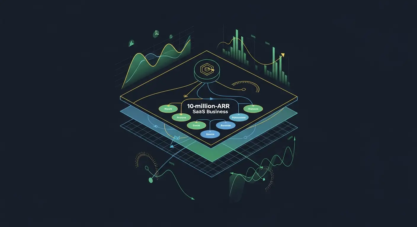 saas-performance-metrics-hero-3 - SaasCEO.com A worked example of a 10 million ARR SaaS business measured against the seven performance metrics, presented as a diagnostic blueprint — A clean architectural blueprint on a deep navy background sh