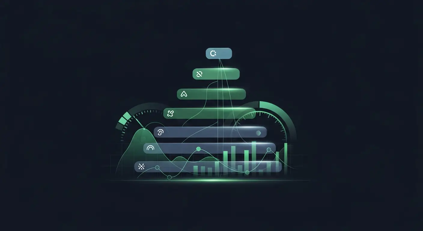 saas-performance-metrics-hero - SaasCEO.com The seven SaaS performance metrics arranged as a hierarchical system, with growth and Rule of 40 at the top, retention and gross margin in the middle, and CAC payback and burn multiple at the foundation — A clean tiered stack of seven translucent horizontal glowing