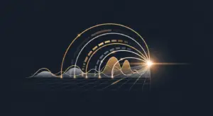 saas-performance-metrics-new-hero - SaasCEO.com - SaasCEO.com Abstract digital data visualization with curved glowing arcs and sine waves converging at a bright point on a dark grid background.