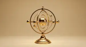 Gold-toned armillary sphere on a pedestal, decorative astronomical model on display.