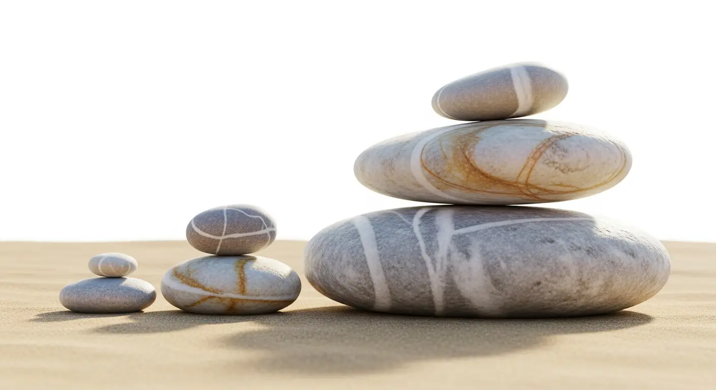 saas-performance-metrics-supp-25145-replace - SaasCEO.com SaaS performance metrics — a balanced cairn of smooth pale stones of graduated sizes resting on warm sand, each stone subtly veined in a different muted color, bright diffuse daylight filling the entire frame edge to edge