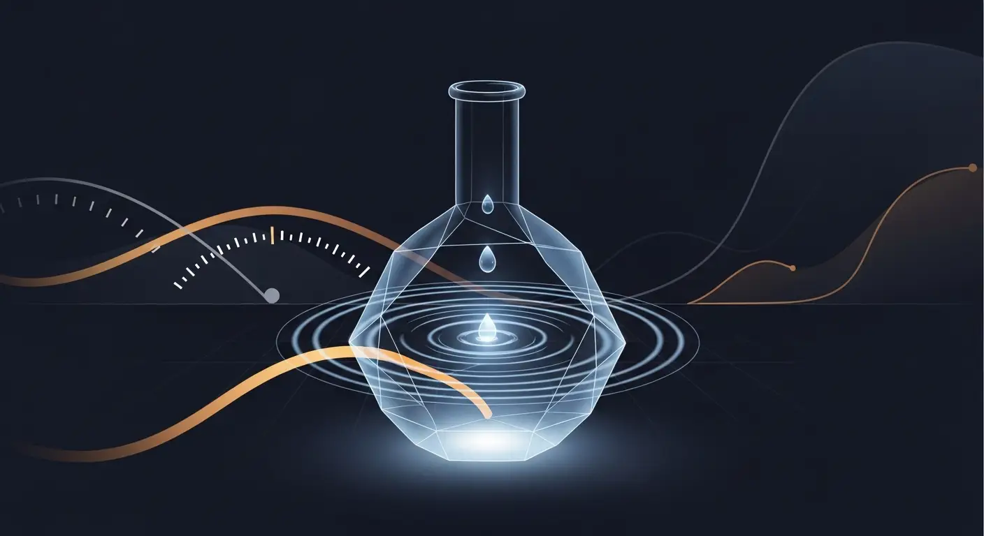 saas-pricing-strategy-hero-7 - SaasCEO.com a controlled, defensible SaaS price test producing measurable evidence — A dark navy background with a translucent geometric beaker s