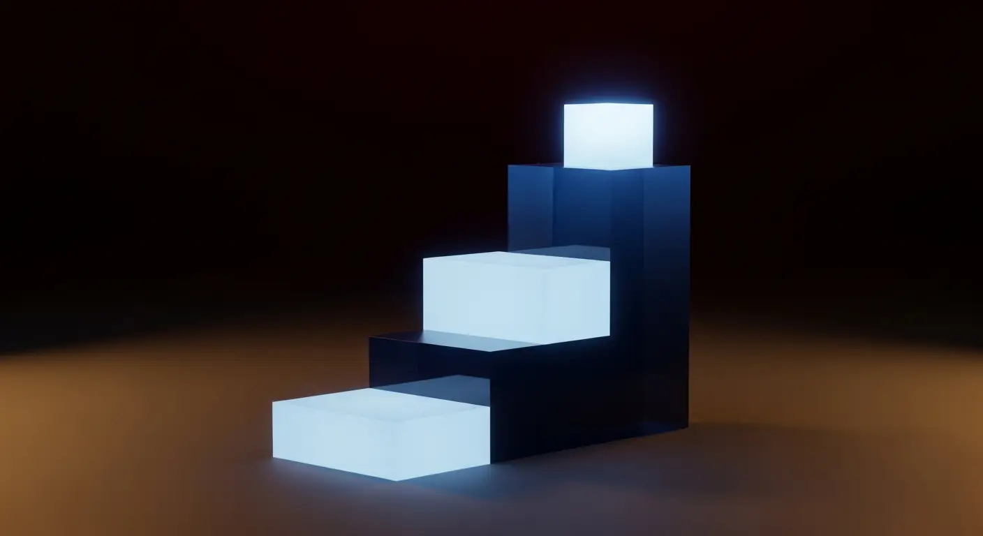 saas-revenue-hero-1 - SaasCEO.com The three growth levers built in priority order with retention as the foundation — Three ascending tiers of solid translucent blocks rising like a staircase in a cool blue to navy gradient against charcoal