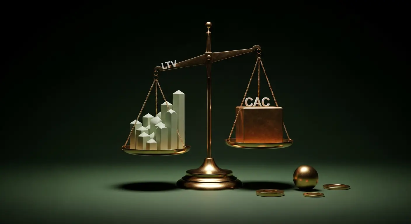 saas-revenue-model-hero-2 - SaasCEO.com How Each Model Plays Out in Unit Economics — A finely balanced, abstract scale weighing LTV against CAC