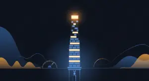 saas-revenue-model-hero - SaasCEO.com - SaasCEO.com Tall brick chimney with glowing yellow blocks rising to a bright top against a dark blue abstract background.