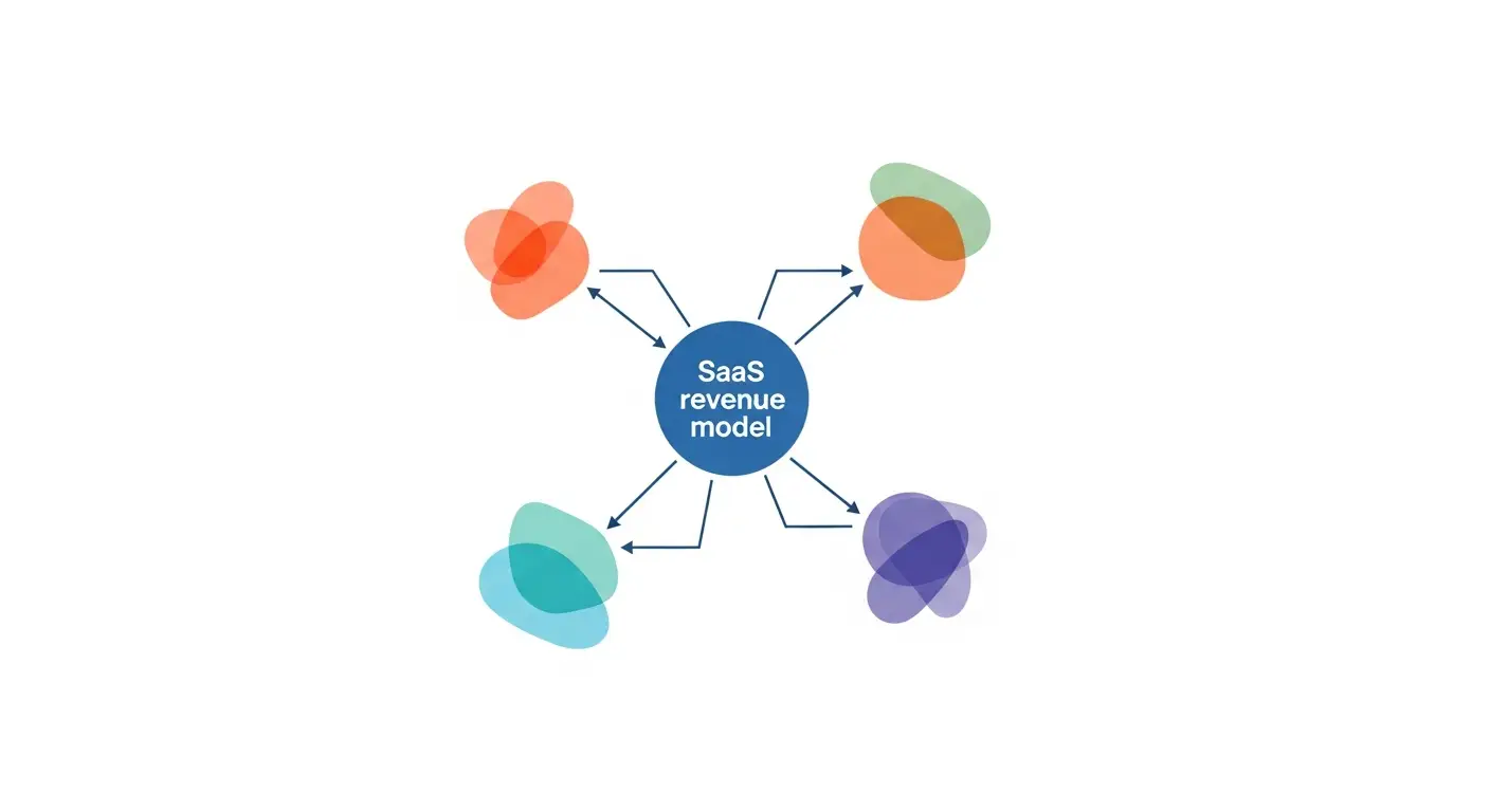 saas-revenue-model-supp-27313-replace - SaasCEO.com A flowchart where the SaaS revenue model feeds four revenue-multiple drivers that, with growth rate and market size, feed into a node labeled Exit Multiple x ARR, which yields Enterprise Value — A flowchart where the SaaS revenue model feeds four revenue-