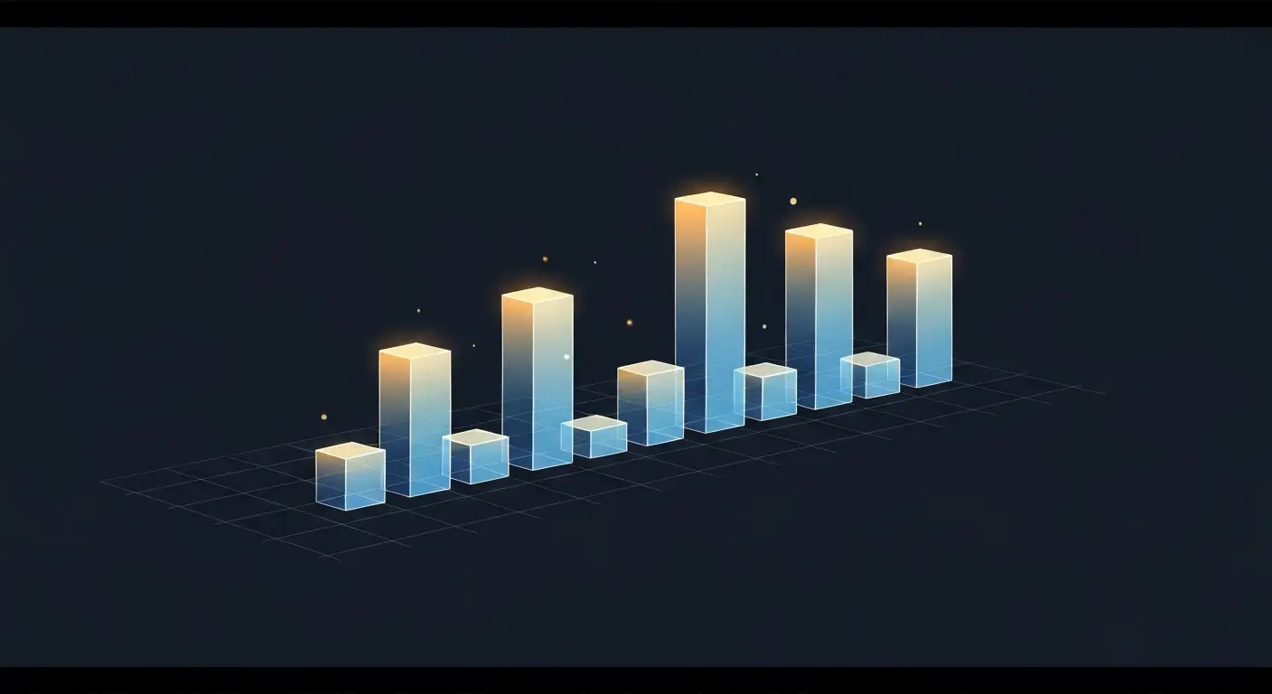 saas-revenue-multiples-hero-1 - SaasCEO.com SaaS revenue multiple range by stage: a wide abstract scene on deep navy showing a horizontal row of identical-base translucent blue bars each topped by a glowing block of different size.