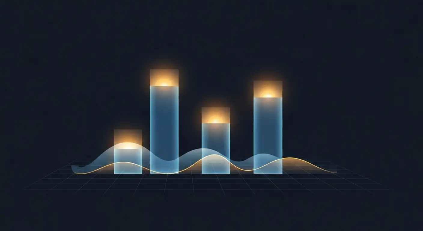 saas-revenue-multiples-hero-3 - SaasCEO.com One revenue number, three different multiples: a wide abstract composition on deep navy showing three separate translucent blue columns rising to different heights, each crowned by a glowing block.