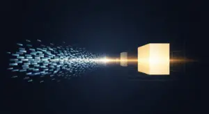 saas-revenue-multiples-hero - SaasCEO.com - SaasCEO.com Abstract data stream of blue rectangles moving from left toward a glowing golden cube in a dark grid, conveying data processing/storage.