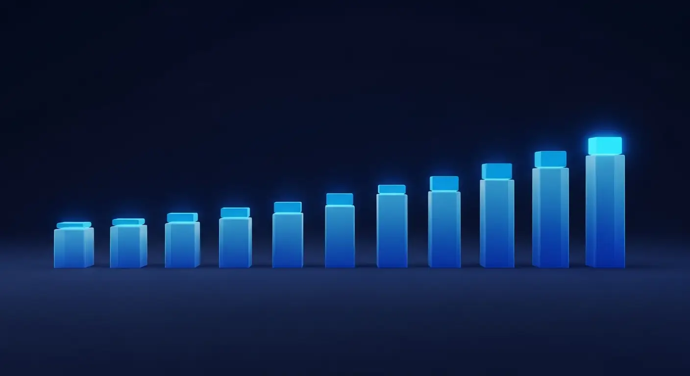 saas-revenue-multiples-supp-25911-replace - SaasCEO.com SaaS revenue multiple range by stage: a wide abstract scene on deep navy showing a horizontal row of identical-base translucent blue bars each topped by a glowing block of different size.