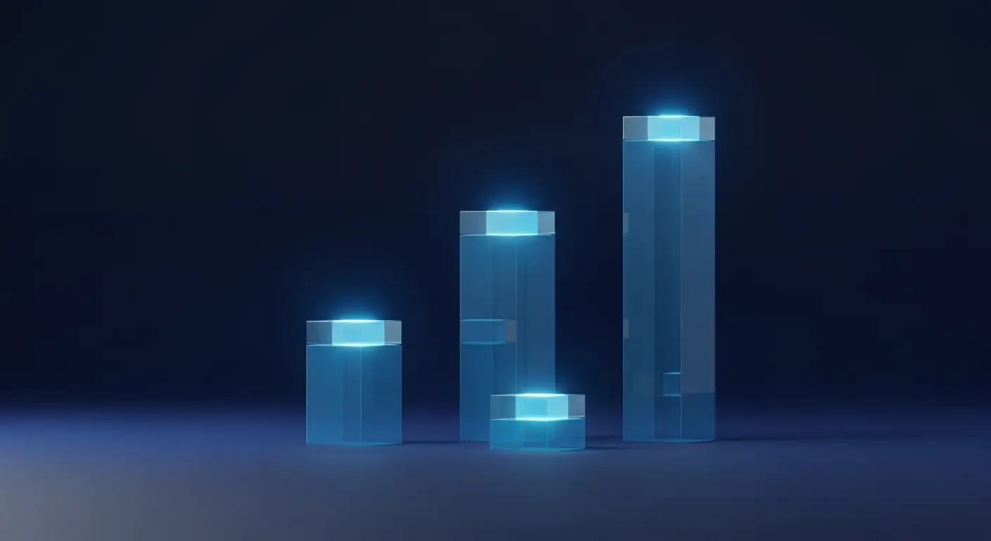 saas-revenue-multiples-supp-25913-replace - SaasCEO.com One revenue number, three different multiples: a wide abstract composition on deep navy showing three separate translucent blue columns rising to different heights, each crowned by a glowing block.