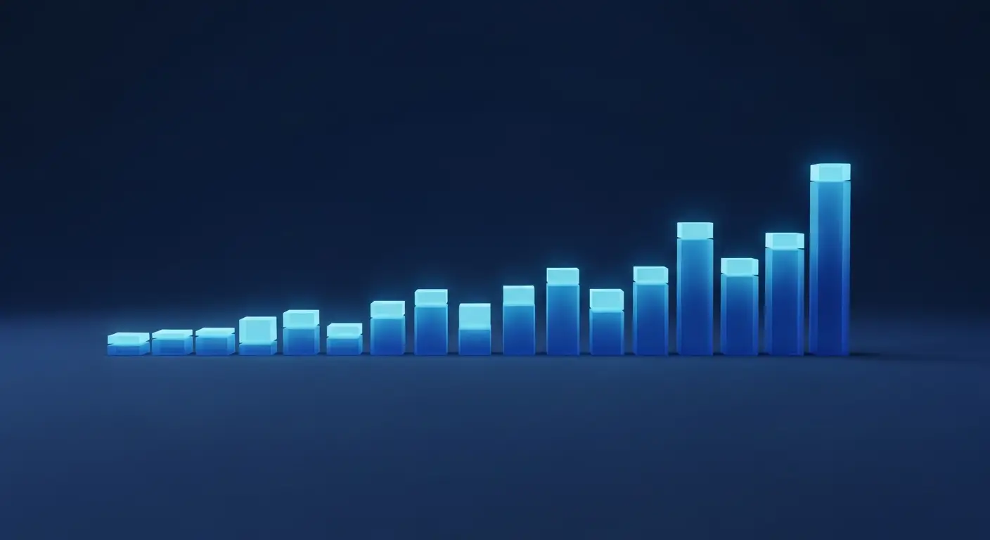 saas-revenue-multiples-supp-26522-replace - SaasCEO.com SaaS revenue multiple range by stage: a wide abstract scene on deep navy showing a horizontal row of identical-base translucent blue bars each topped by a glowing block of different size.