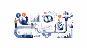 Abstract financial illustration with charts, arrows, and currency symbols connected by pipelines, representing money flow and growth.