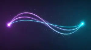 Abstract illustration of two luminous trails connecting a left node to a right node across a deep navy field, one long looping path and one short direct path, representing a shortened SaaS sales cycle
