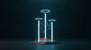 Neon blue sculpture with three upright light columns and circular halos, connected by cables on a stepped pedestal in a dark studio.] ,