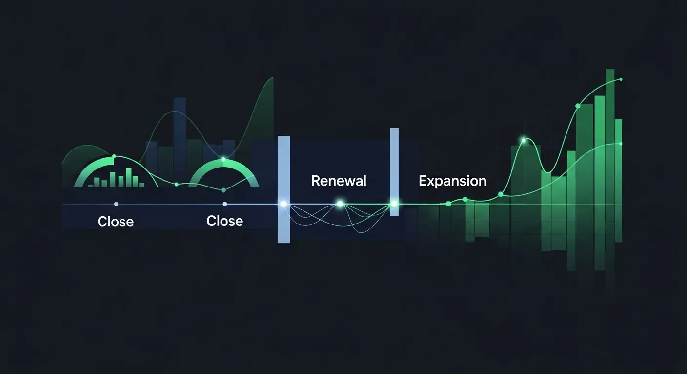 saas-sales-meaning-hero-1 - SaasCEO.com The economic value of a SaaS deal accrues across the renewal cycle, not at the moment of close — A dark navy timeline running left to right with three vertic