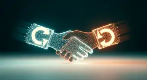 Two glowing hands made of digital particles shake, symbolizing a partnership or agreement.