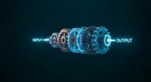 saas-sales-strategy-hero - SaasCEO.com - SaasCEO.com Blue glowing gears chain from INPUT to OUTPUT, illustrating data processing or signal conversion.