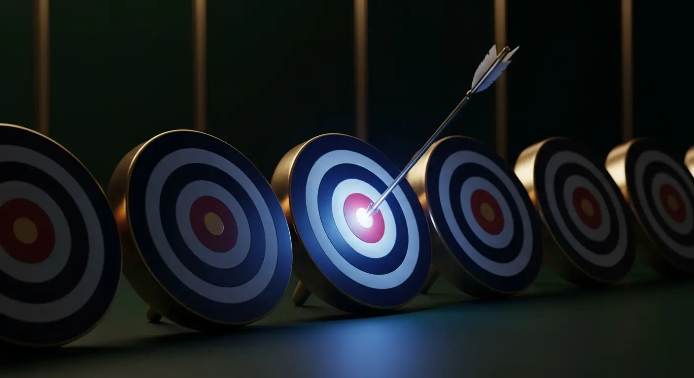 saas-sales-strategy-hero-4 - SaasCEO.com Get the ICP Right or Nothing Else Matters — A single glowing arrow striking the exact center of one chosen target among many, symbolizing ICP precision