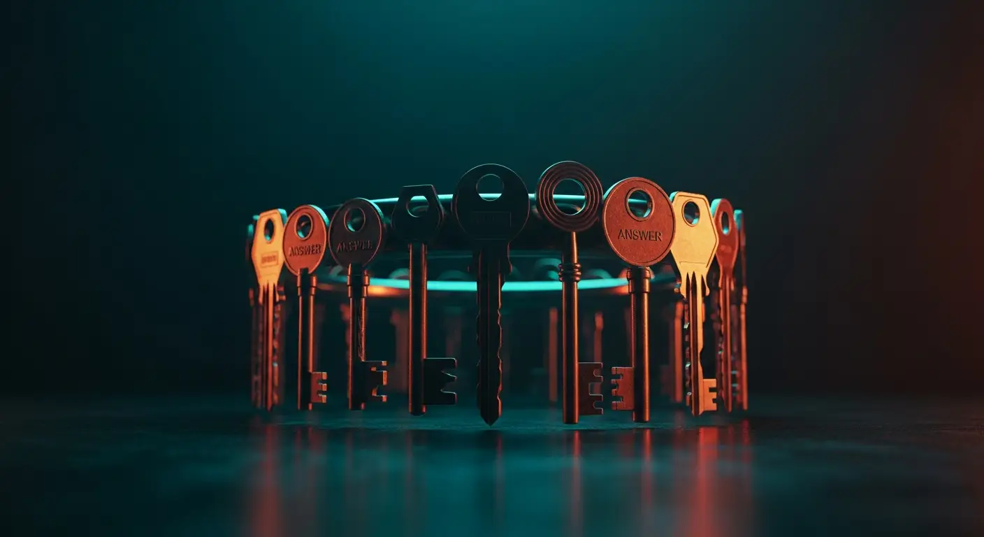 saas-sales-strategy-hero-5 - SaasCEO.com common questions about SaaS sales strategy — A ring of distinct antique-style keys, each one symbolizing a specific answer that unlocks a different problem