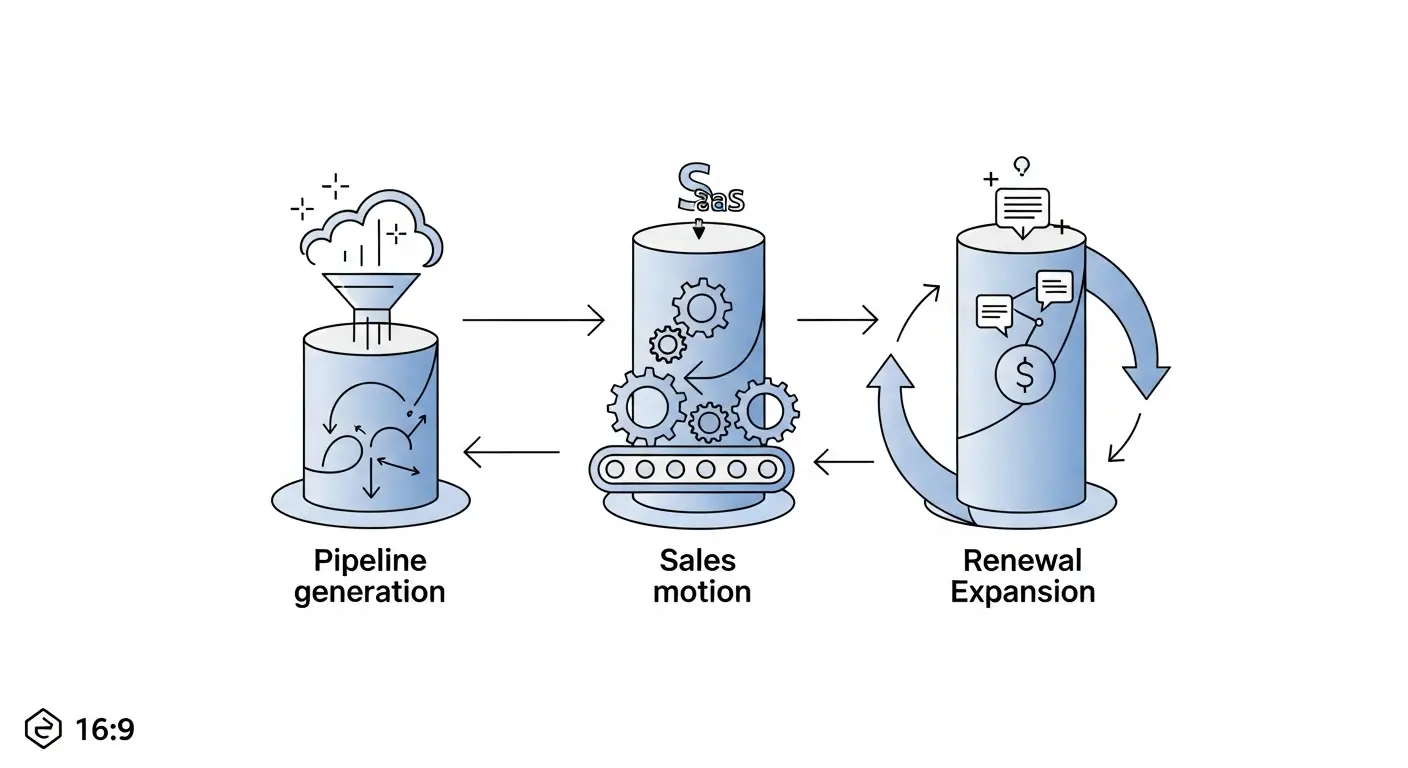saas-sales-supp-27293-replace - SaasCEO.com Three-pillar SaaS sales engine flow diagram showing pipeline generation, sales motion, and renewal expansion as a closed-loop system
