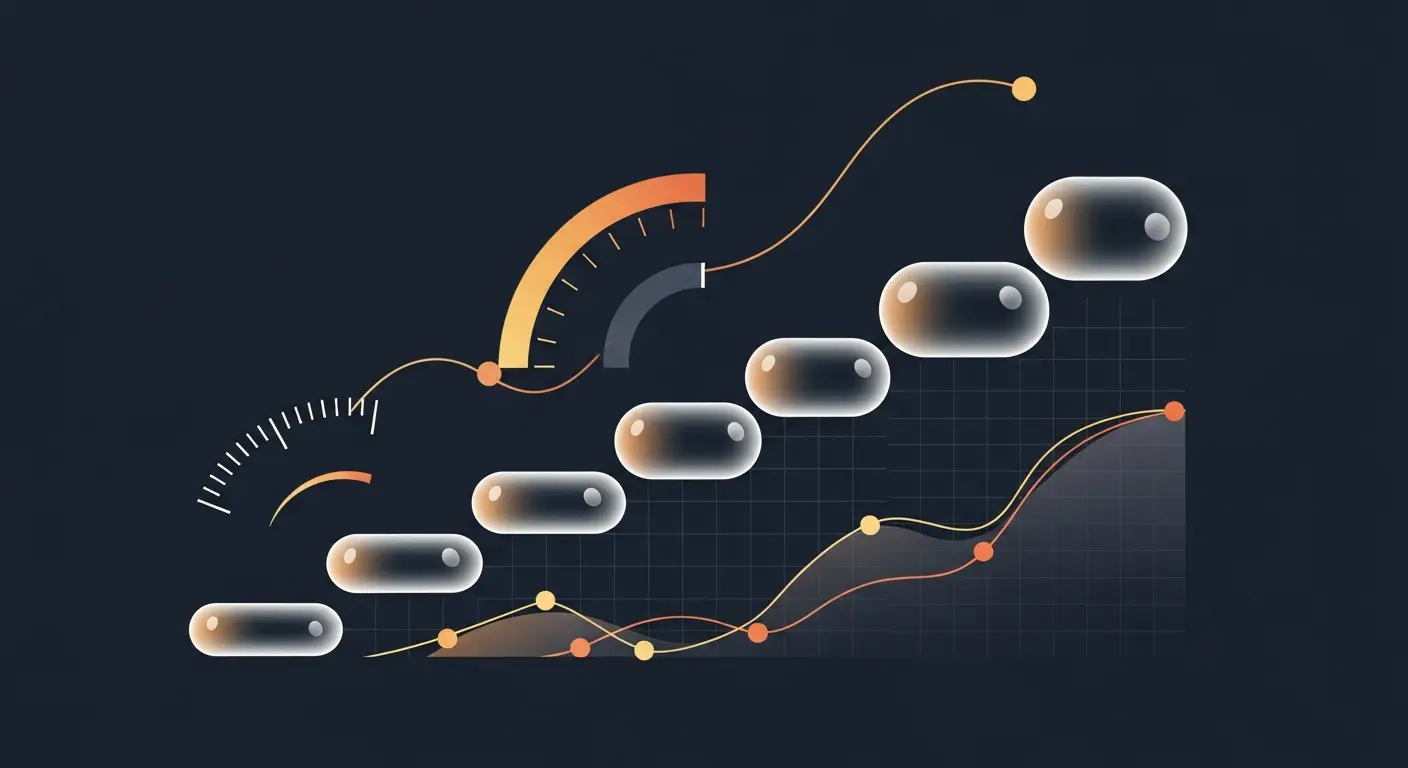 saas-sales-tools-hero-2 - SaasCEO.com SaaS sales tools buying order — stepped staircase composition of seven translucent ovoid forms on a deep navy field, ascending from lower left to upper right, each form slightly larger than the previous