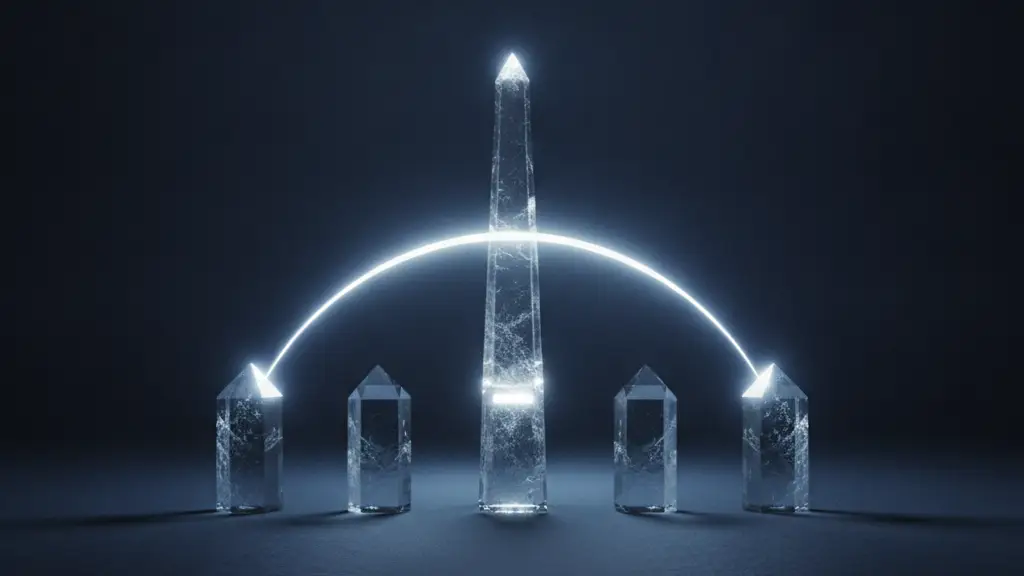 saas-sales-training-hero-2 - SaasCEO.com Studying Top Sales Performers — A single tall crystalline pillar rising above a row of short