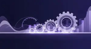 saas-sales-training-hero - SaasCEO.com - SaasCEO.com Abstract purple gears with bar graphs and wave lines on a dark blue background, symbolizing industrial automation.